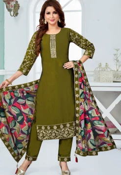 Embroidered Art Silk Pakistani Suit in Olive Green