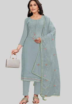 Embroidered Art Silk Pakistani Suit in Grey