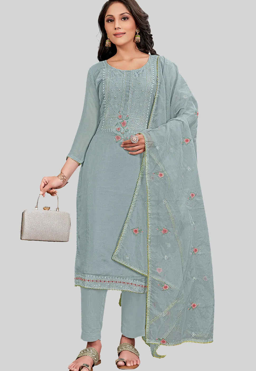 Embroidered Art Silk Pakistani Suit in Grey