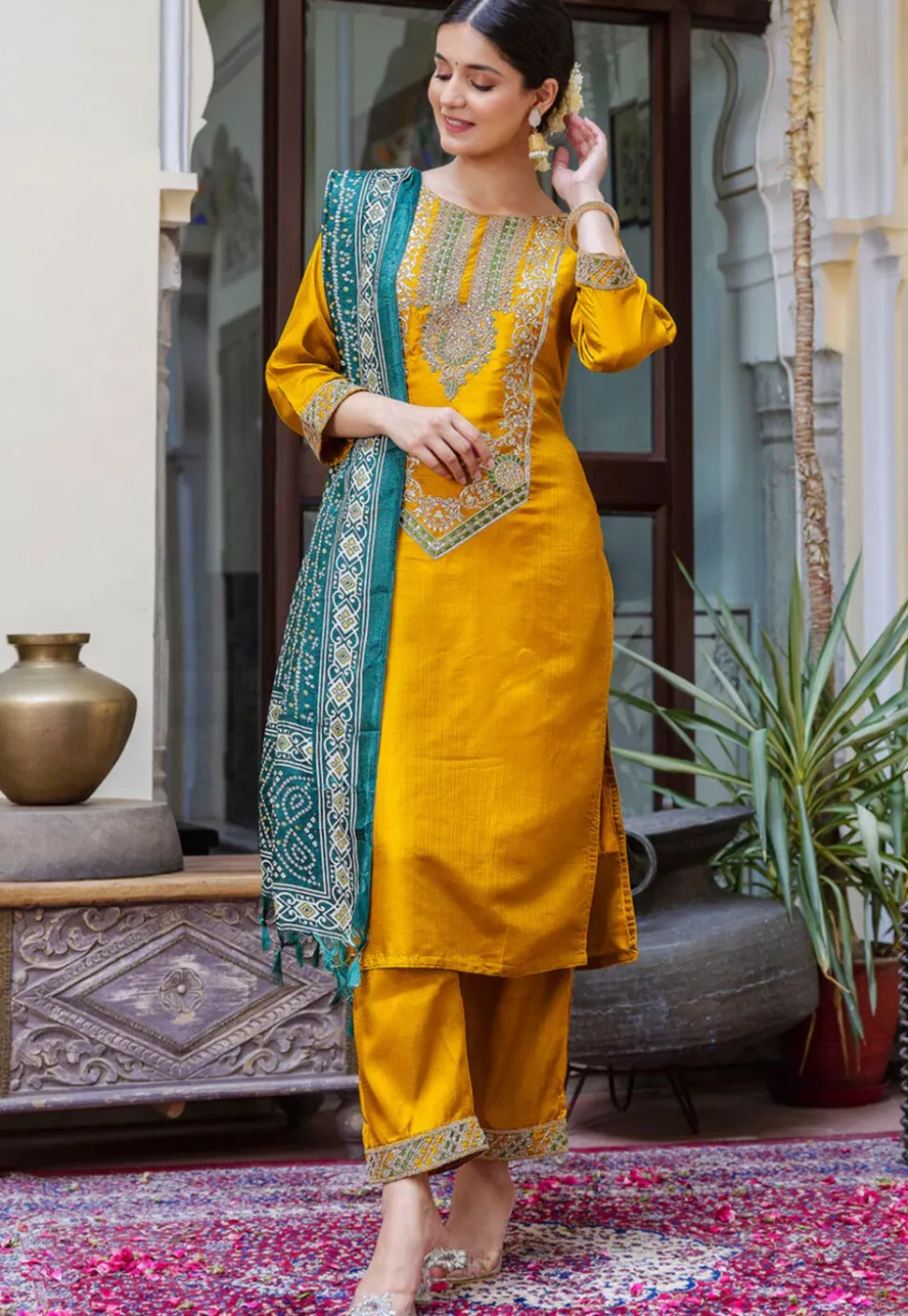 Embroidered Art Silk Pakistani Suit in Mustard