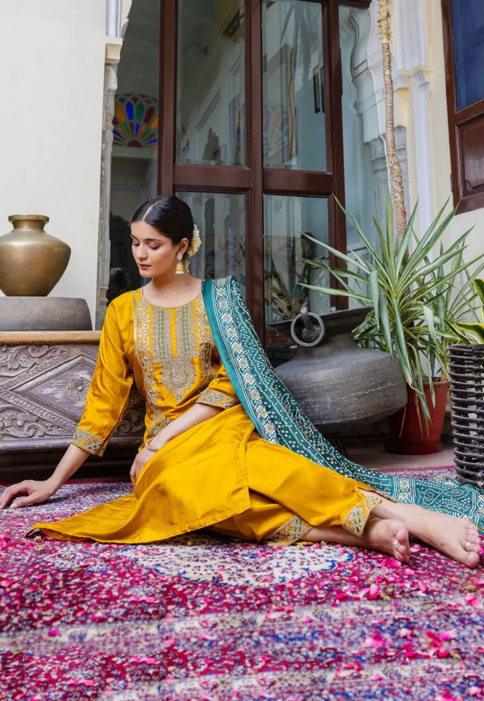 Embroidered Art Silk Pakistani Suit in Mustard
