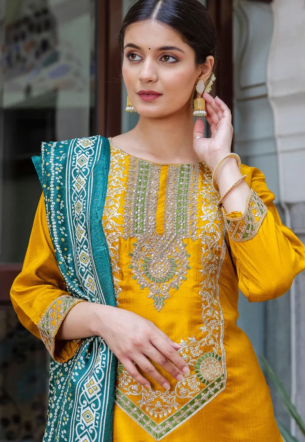 Embroidered Art Silk Pakistani Suit in Mustard