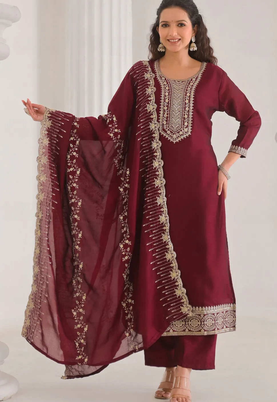Embroidered Art Silk Pakistani Suit in Maroon