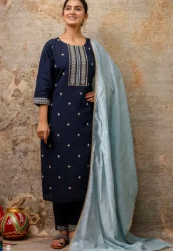 Embroidered Art Silk Pakistani Suit in Navy Blue