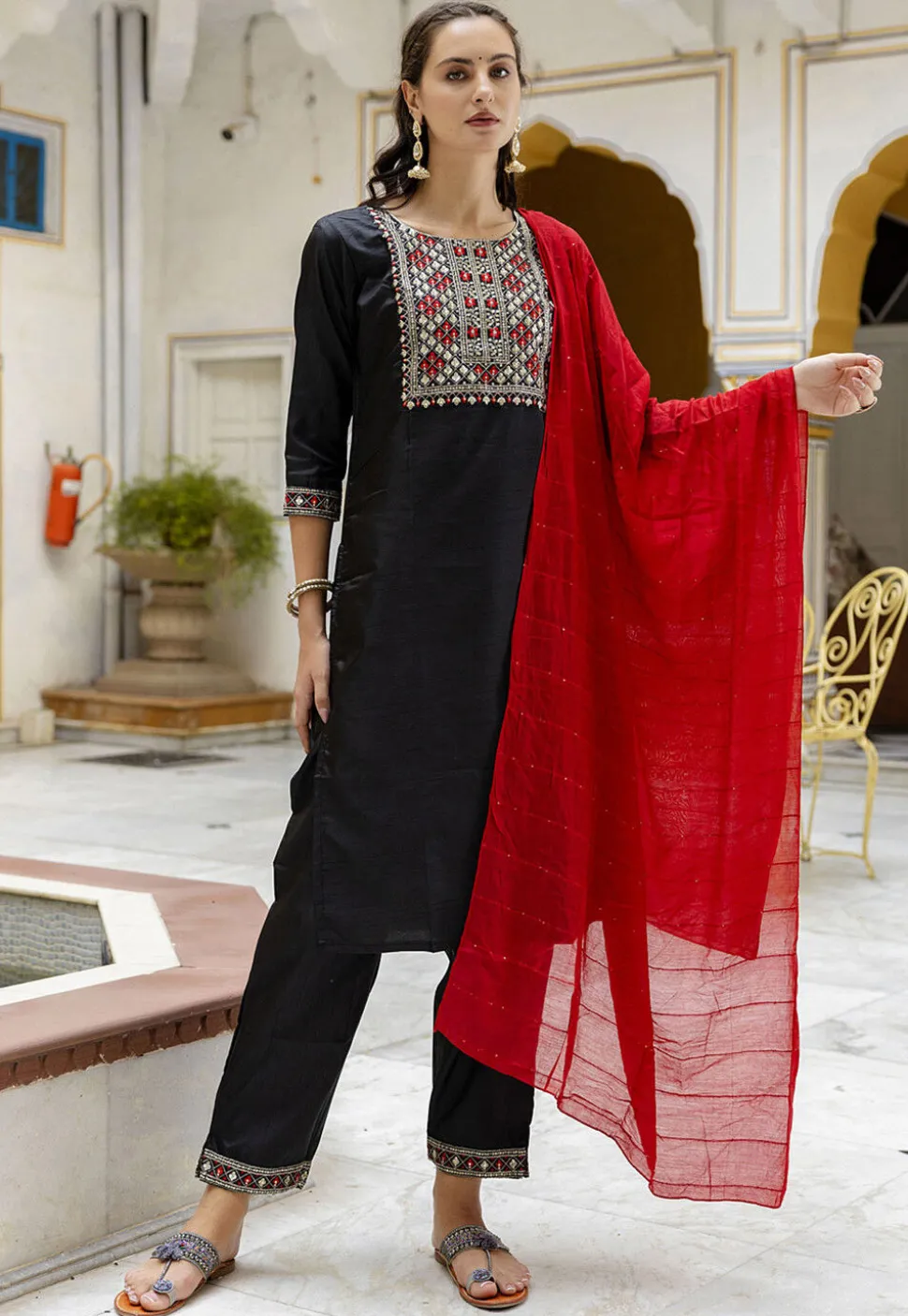 Embroidered Art Silk Pakistani Suit in Black
