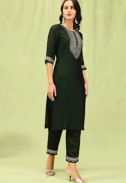 Embroidered Art Silk Pakistani Suit in Dark Green