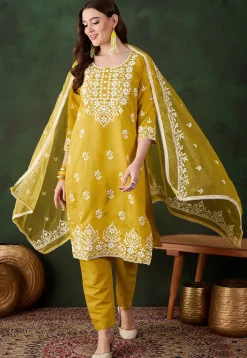 Embroidered Art Silk Pakistani Suit in Mustard