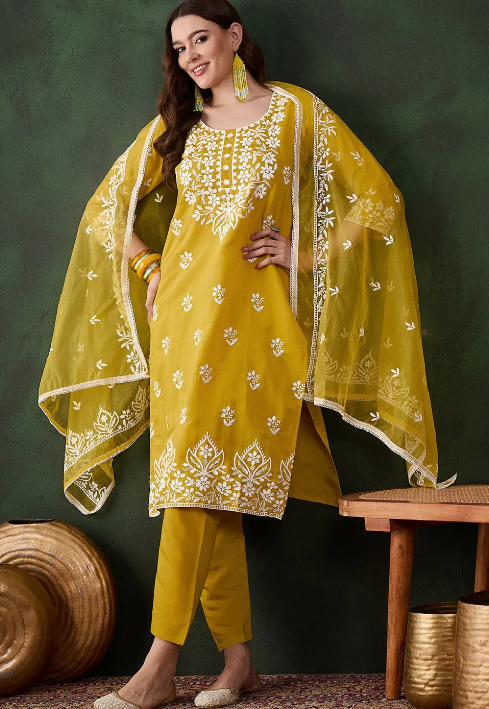 Embroidered Art Silk Pakistani Suit in Mustard
