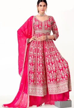 Embroidered Art Silk Pakistani Suit in Fuchsia