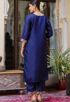 Embroidered Art Silk Pakistani Suit in Navy Blue