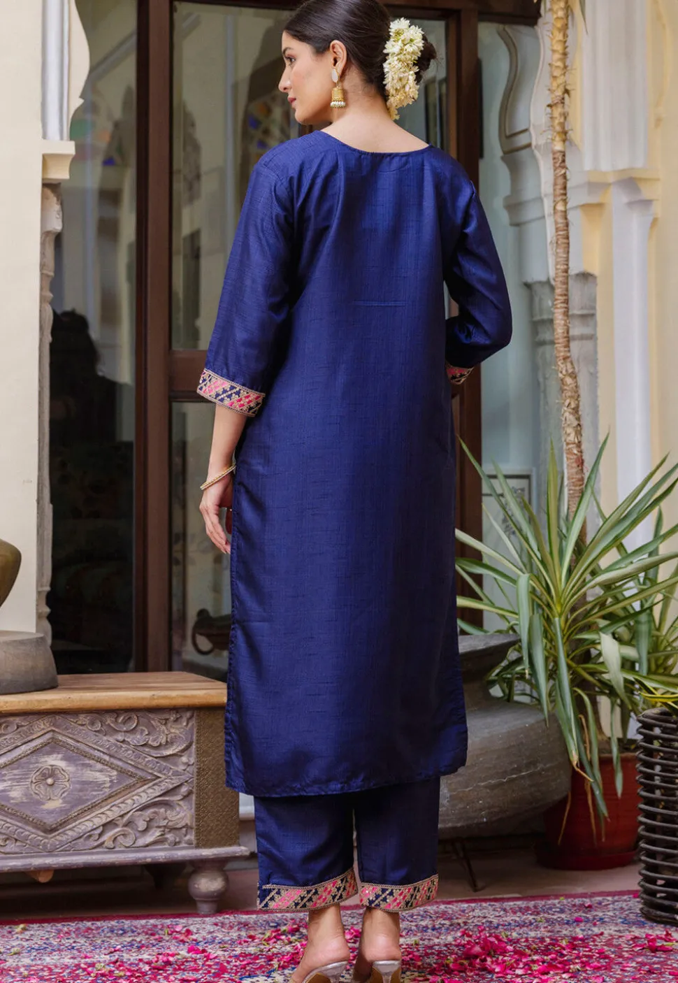 Embroidered Art Silk Pakistani Suit in Navy Blue