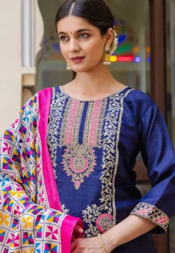 Embroidered Art Silk Pakistani Suit in Navy Blue