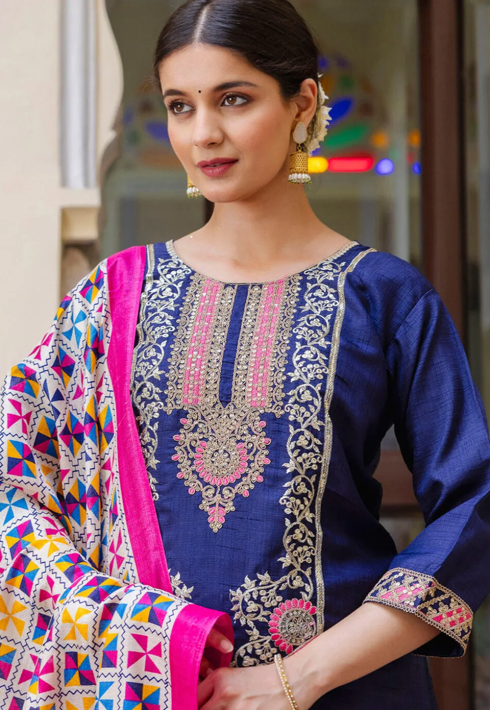 Embroidered Art Silk Pakistani Suit in Navy Blue