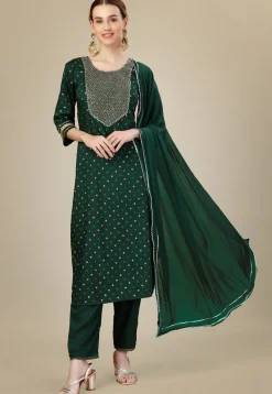 Embroidered Art Silk Pakistani Suit in Dark Green