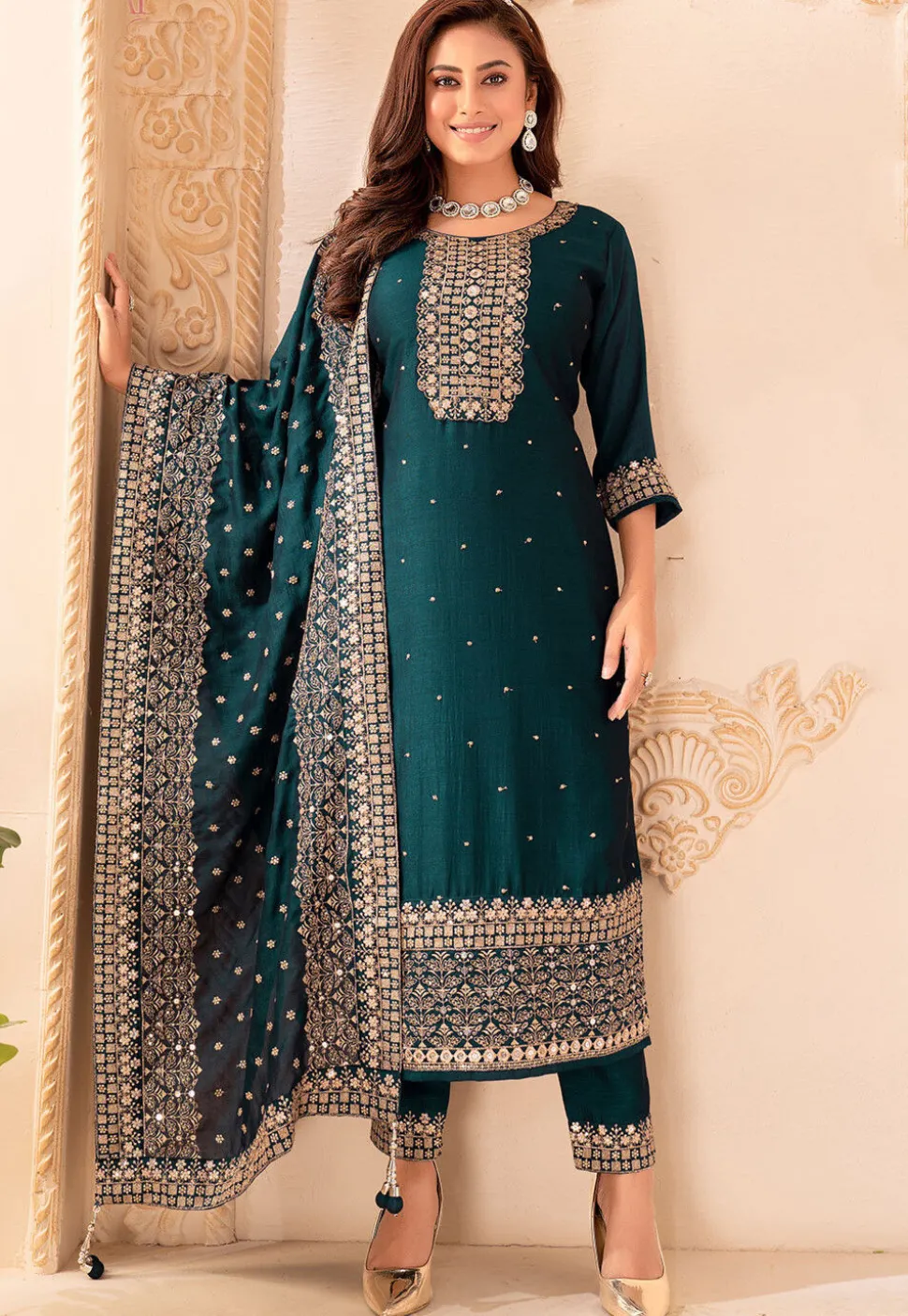 Embroidered Art Silk Pakistani Suit in Teal Green