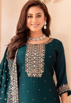 Embroidered Art Silk Pakistani Suit in Teal Green