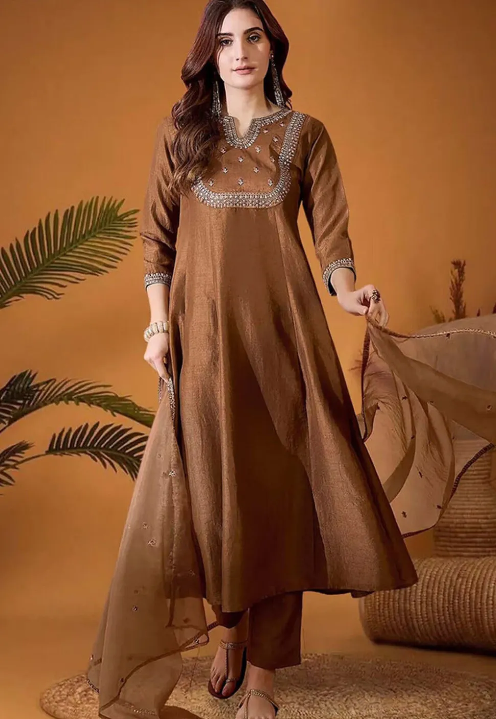 Embroidered Art Silk Pakistani Suit in Brown