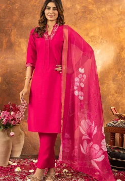 Embroidered Art Silk Pakistani Suit in Fuchsia