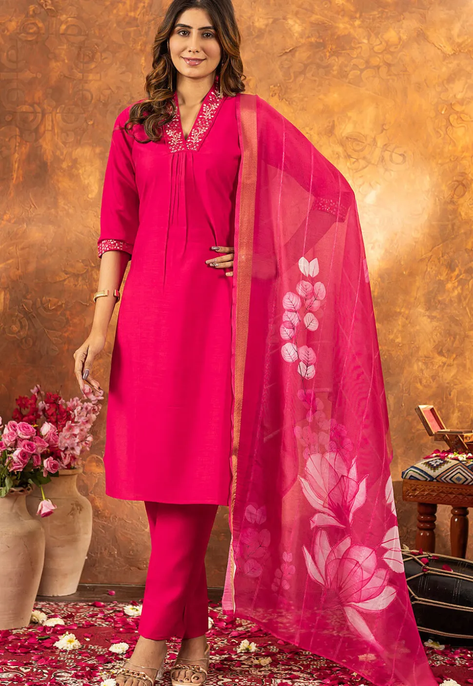 Embroidered Art Silk Pakistani Suit in Fuchsia