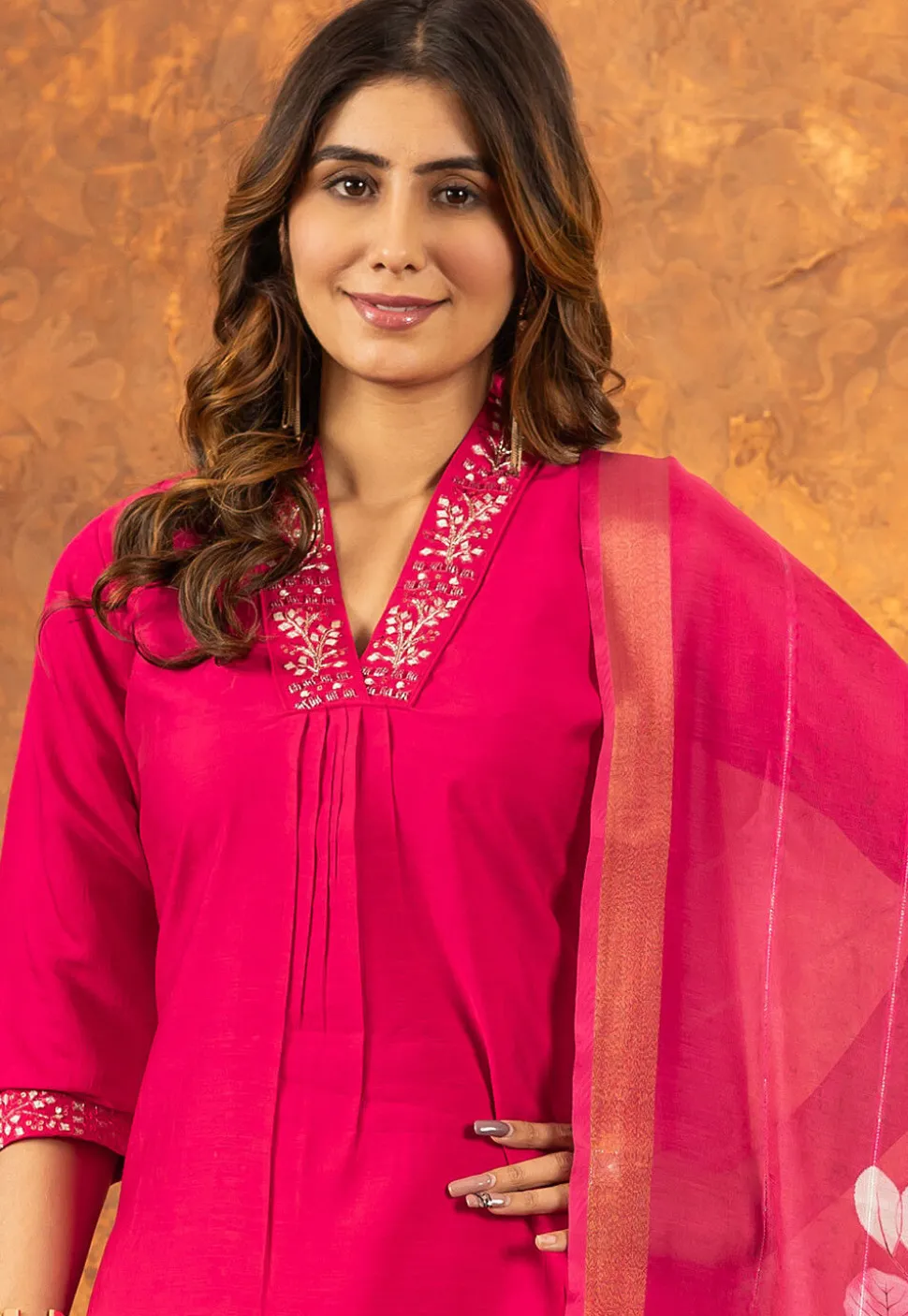 Embroidered Art Silk Pakistani Suit in Fuchsia