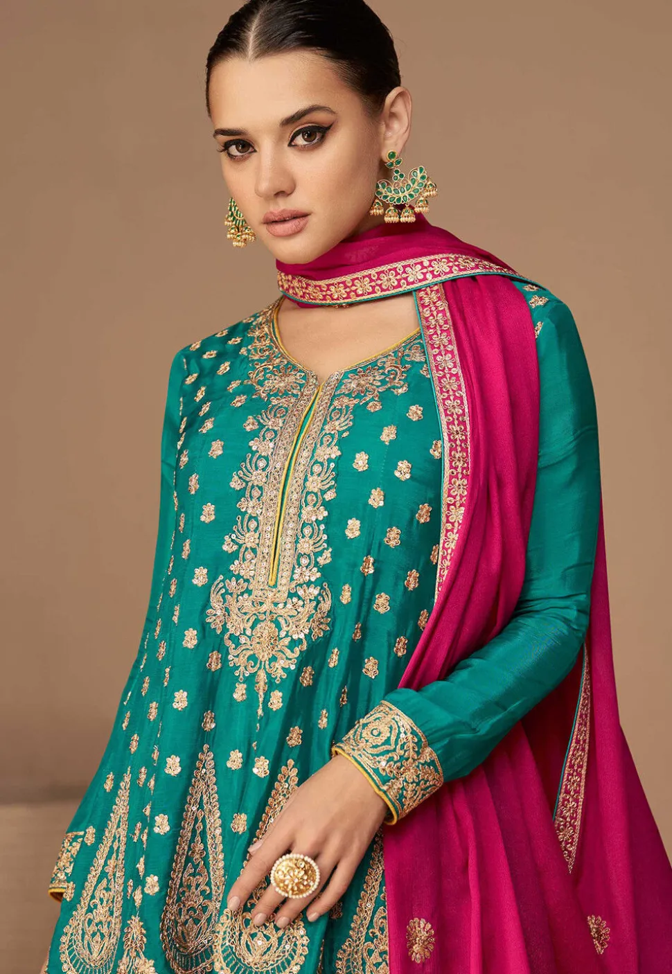 Embroidered Art Silk Pakistani Suit in Teal Blue