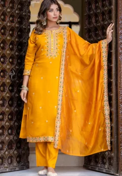 Embroidered Art Silk Pakistani Suit in Mustard