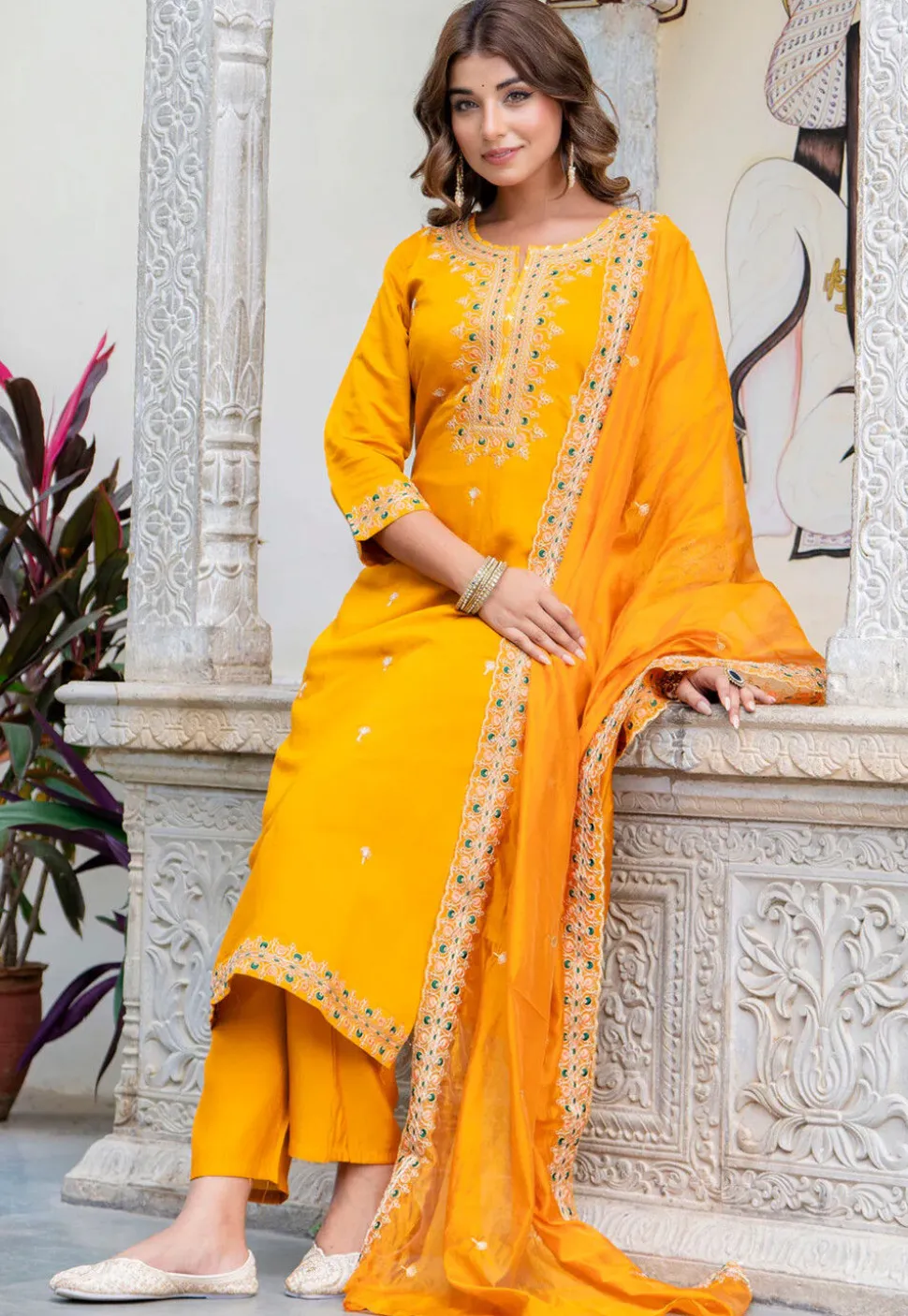 Embroidered Art Silk Pakistani Suit in Mustard