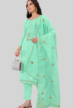 Embroidered Art Silk Pakistani Suit in Sea Green