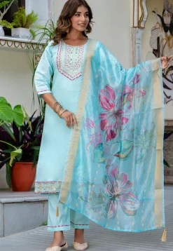 Embroidered Art Silk Pakistani Suit in Light Blue