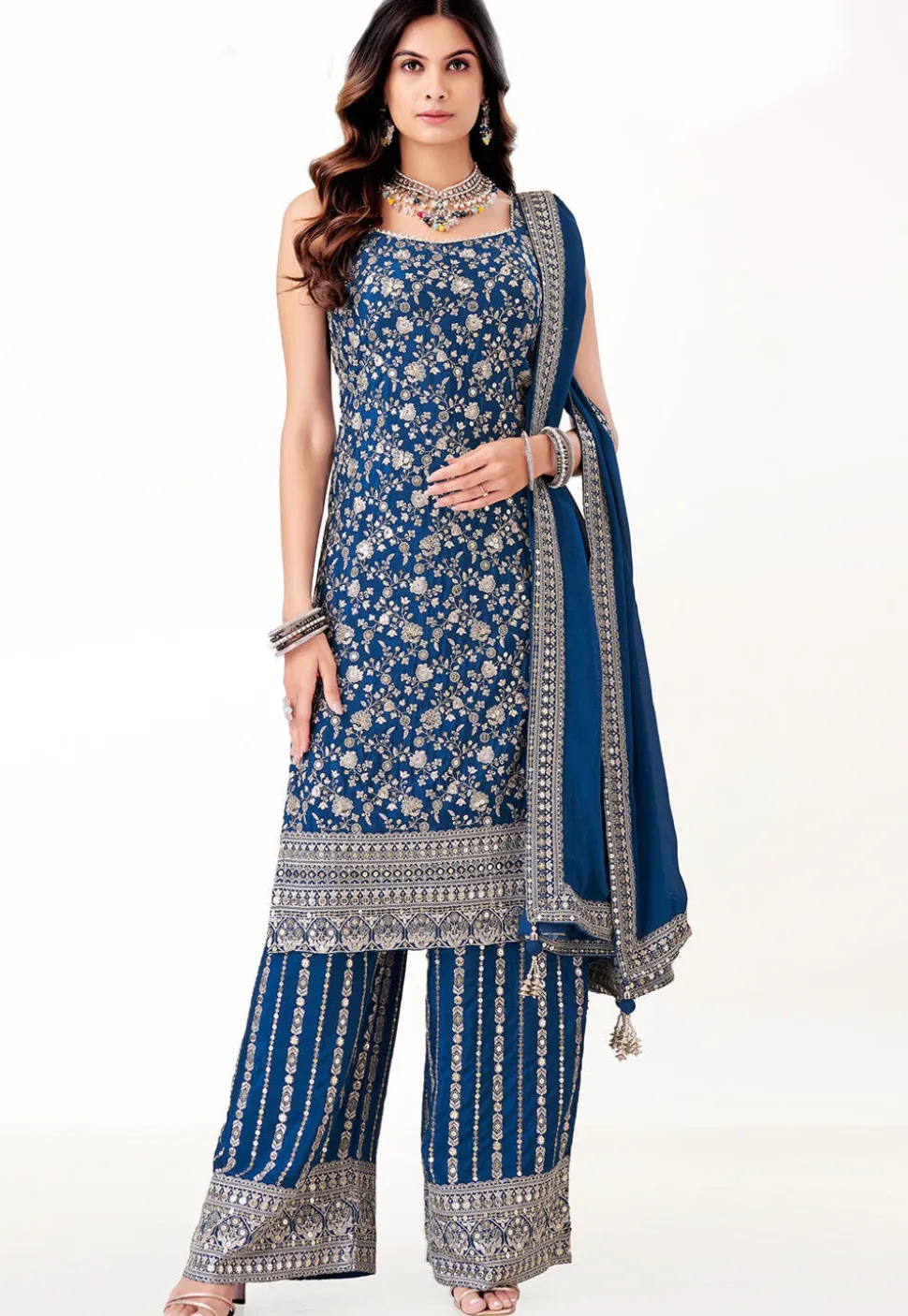 Embroidered Art Silk Pakistani Suit in Teal Blue
