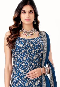 Embroidered Art Silk Pakistani Suit in Teal Blue