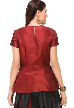 Embroidered Art Silk Peplum Top in Maroon