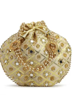 Embroidered Art Silk Potli Bag in Beige