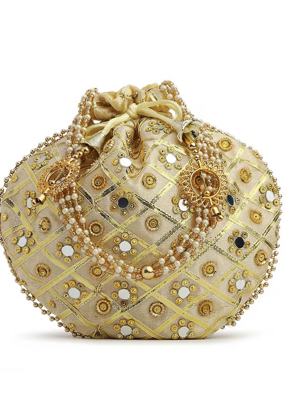 Embroidered Art Silk Potli Bag in Beige