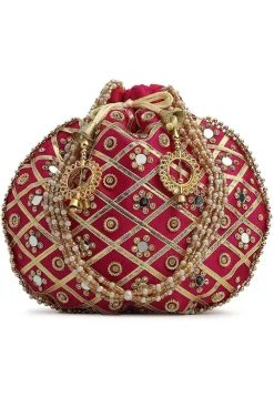 Embroidered Art Silk Potli Bag in Magenta