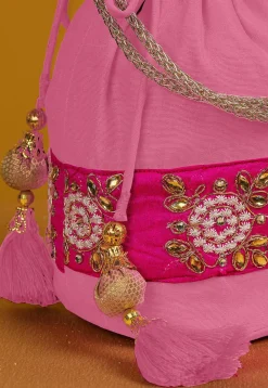 Embroidered Art Silk Potli Bag in Pink