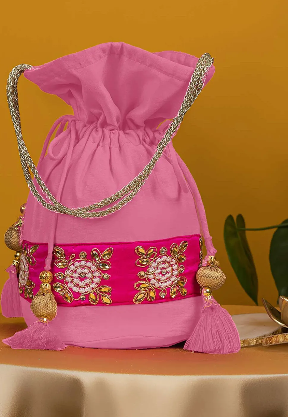 Embroidered Art Silk Potli Bag in Pink
