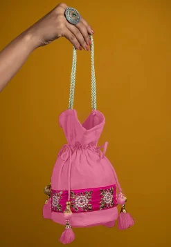 Embroidered Art Silk Potli Bag in Pink