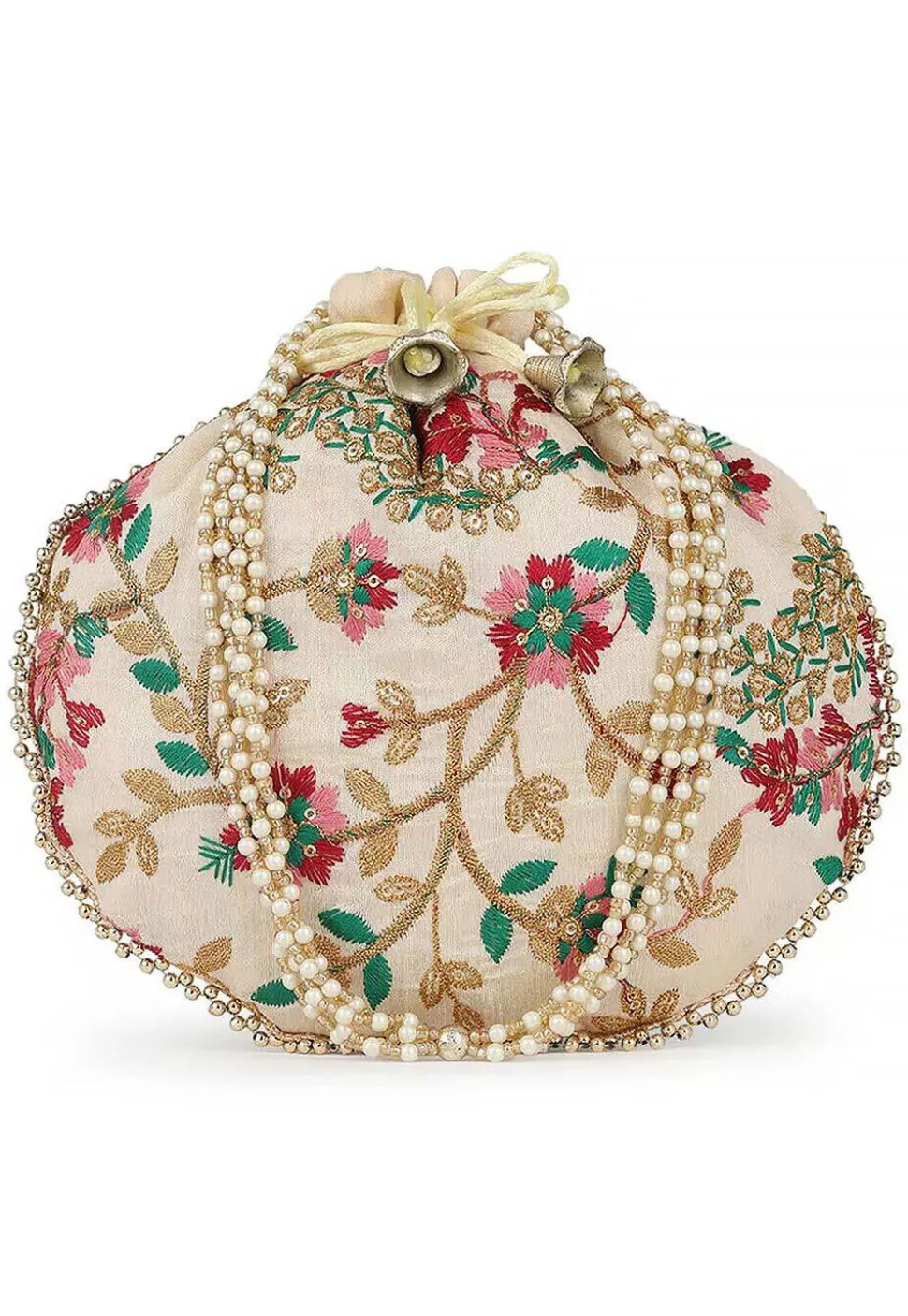 Embroidered Art Silk Potli Bag in Off White
