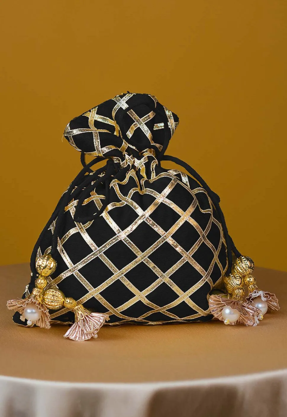 Embroidered Art Silk Potli Bag in Black