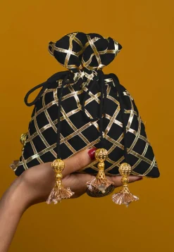 Embroidered Art Silk Potli Bag in Black