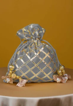 Embroidered Art Silk Potli Bag in Grey
