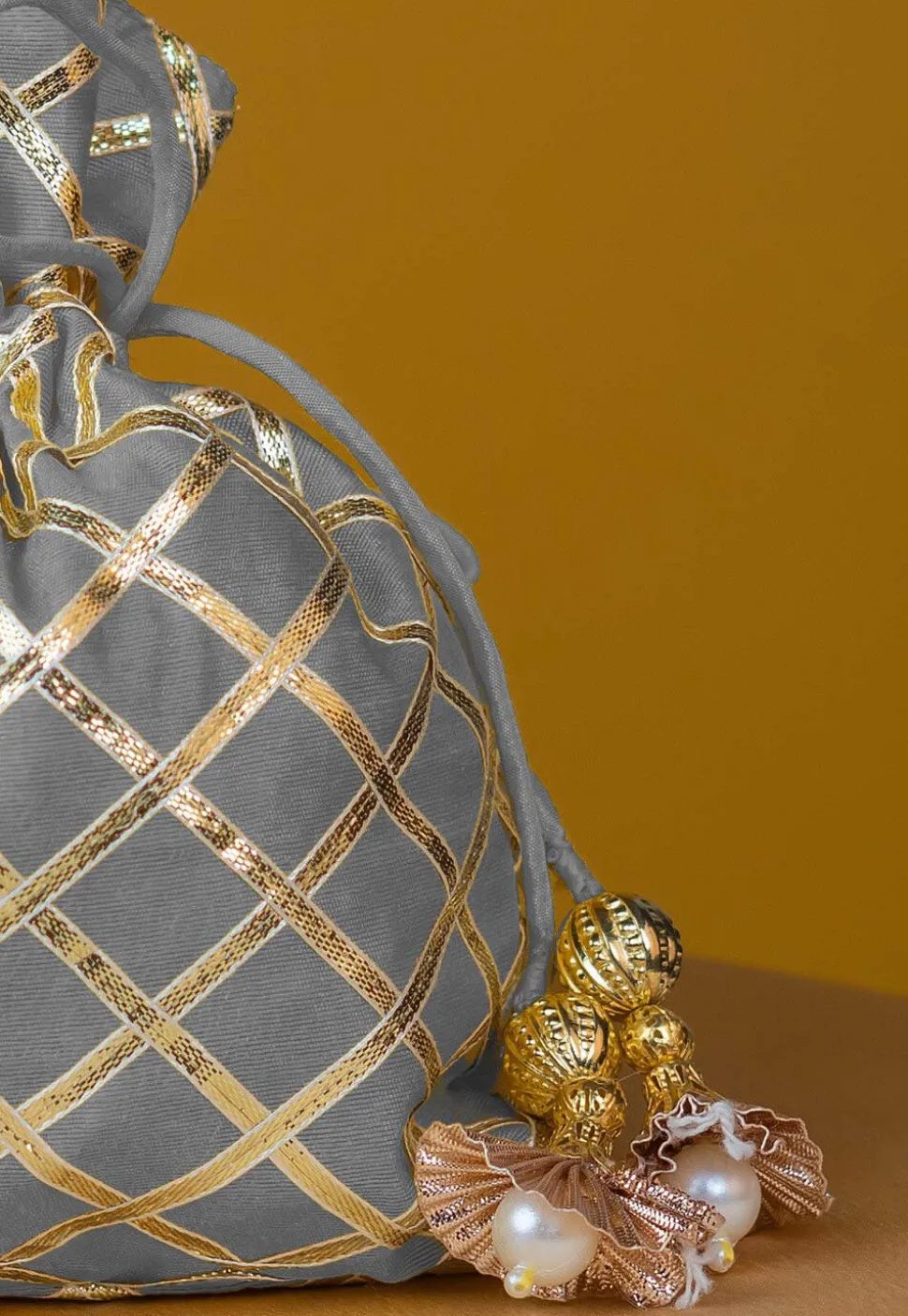 Embroidered Art Silk Potli Bag in Grey