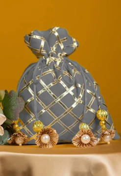 Embroidered Art Silk Potli Bag in Grey