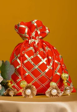 Embroidered Art Silk Potli Bag in Orange