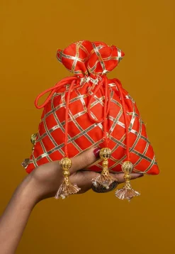 Embroidered Art Silk Potli Bag in Orange