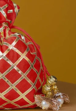 Embroidered Art Silk Potli Bag in Red