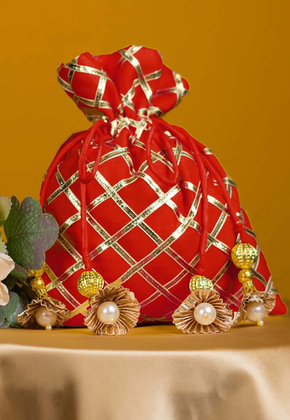 Embroidered Art Silk Potli Bag in Red