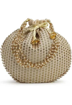 Embroidered Art Silk Potli Bag in Off White
