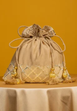 Embroidered Art Silk Potli Bag in Beige